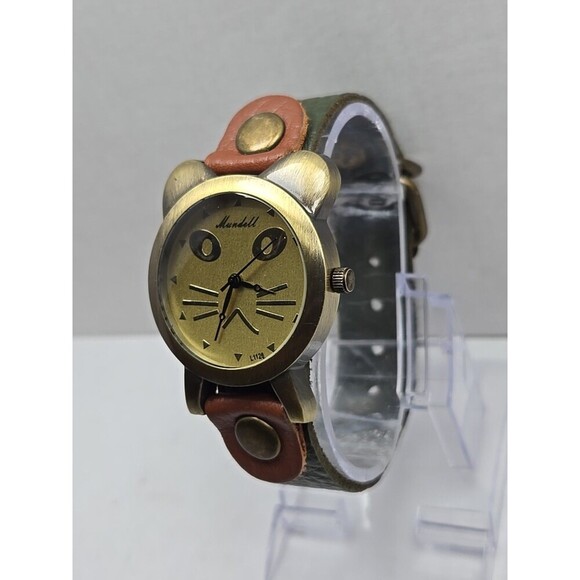 Mundell Cats Face Womens Quartz Watch Green Leather Strap Brass Tone New Battery - Picture 2 of 11